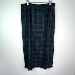Vintage Rafaella Green and Blue Tartan Plaid Maxi Skirt With Fringe Size 14
